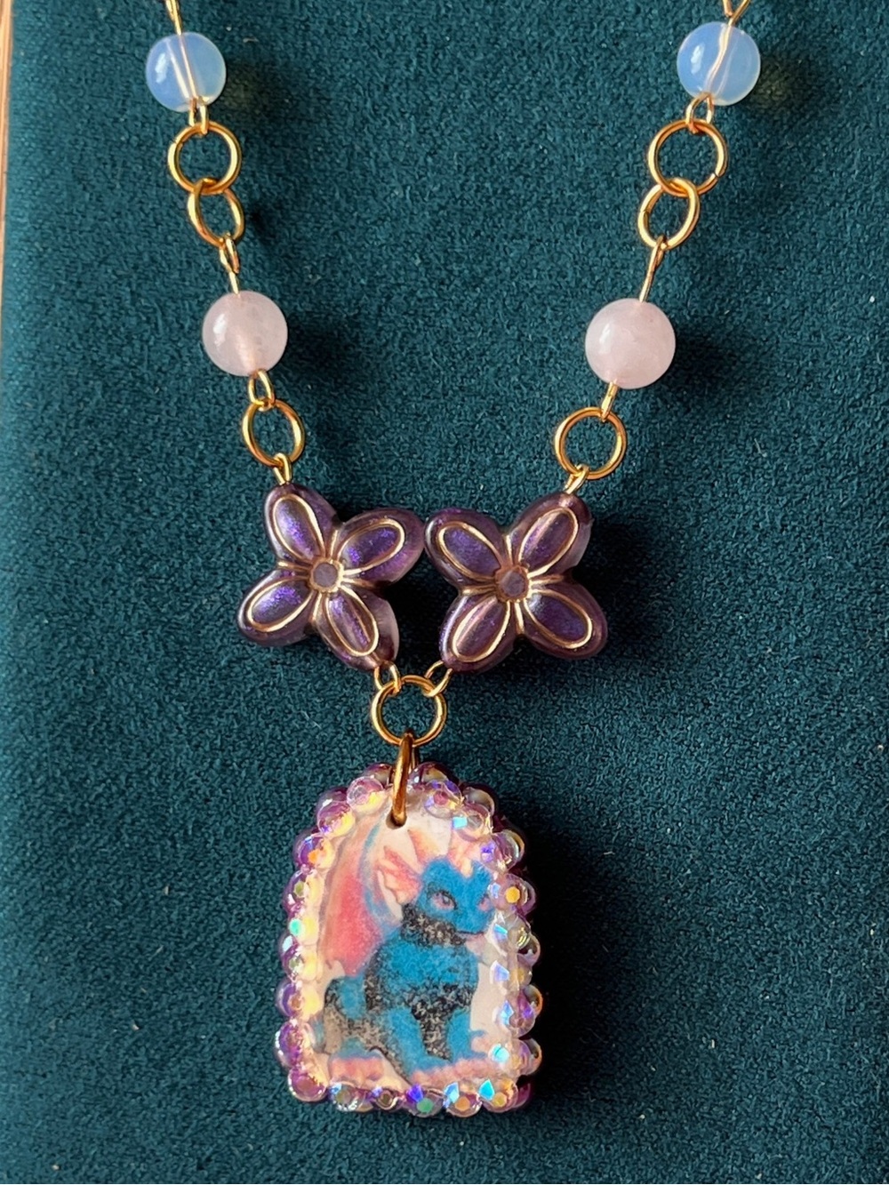 Gold Plated Dragon Charm Necklace | Rose Quartz + Opalite + Indian Agate Beads